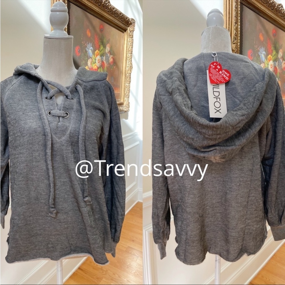 Wildfox Hutton Gray Lace Up Hoodie XS Pullover Sweatshirt Athleisure Lounge Cozy